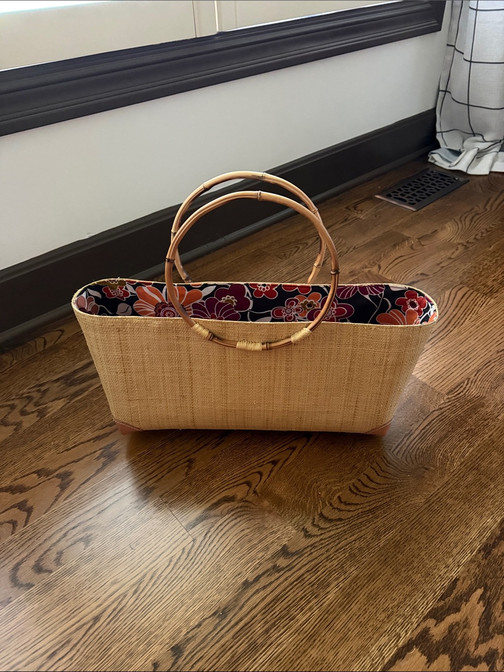 Large fabric lined Straw Tote Bag with Bamboo Handles - Natural - Picture 2 of 14